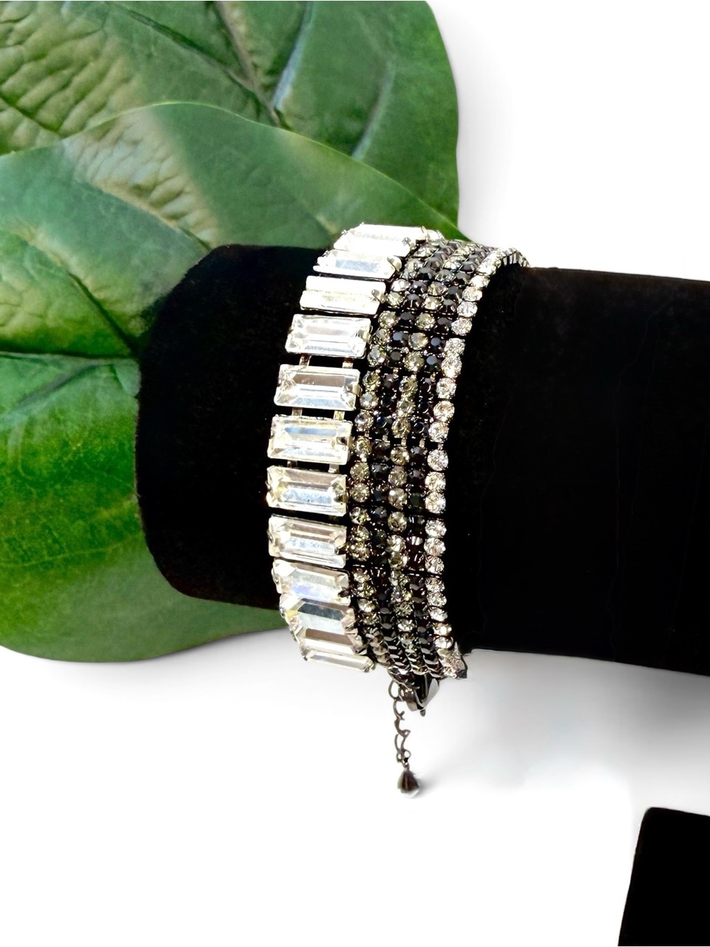 Stella & Ruby Black Crystal Baguette Bracelet Gunmetal Rhinestone Statement NWT